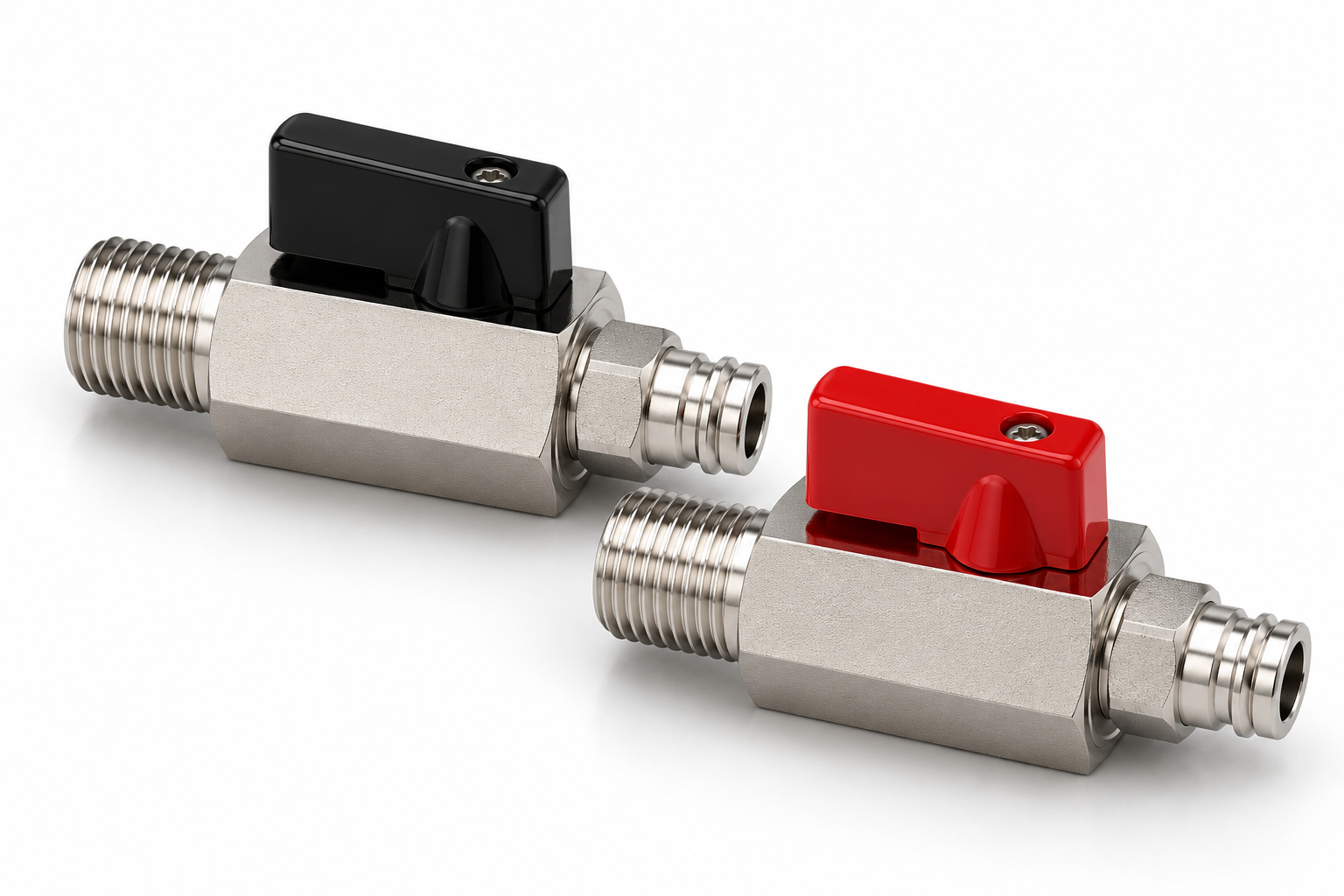 Set van twee QuickConnectors voor de Quatt Chill, één met zwarte hendel en één met rode hendel